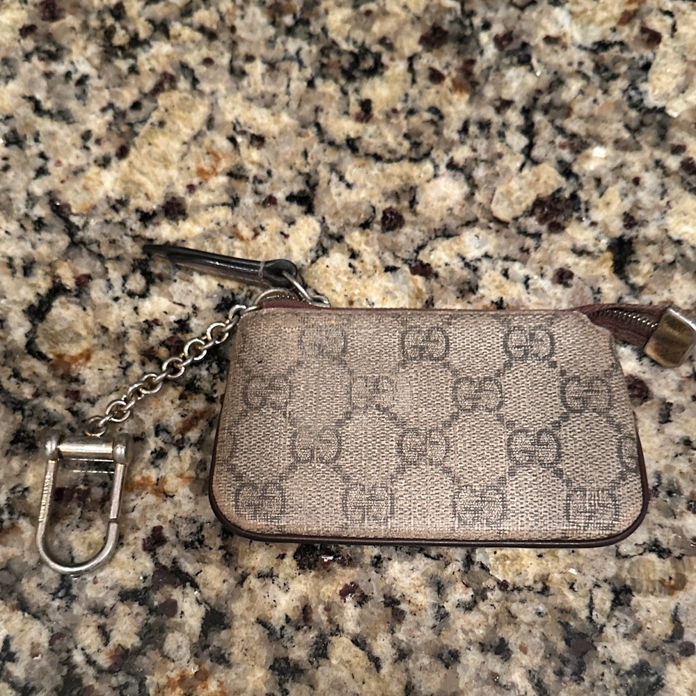 Gucci Beige/Brown GG Canvas Key Pouch with Silver Chain